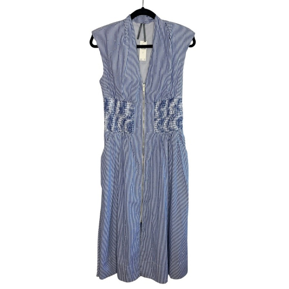 Anthropologie Tommie Cap-Sleeve Smocked Front-Zip Shirt Dress Midi Small NWT - Picture 4 of 12